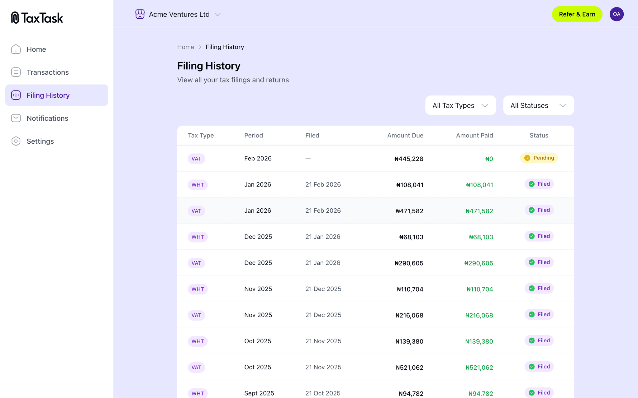 TaxTask filing history — track all your filed tax returns
